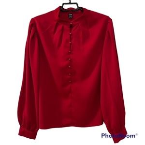 SHEIN Womens Red Bishop Sleeve Button Mock Neck LS Top Balloon Sleeve Size Large